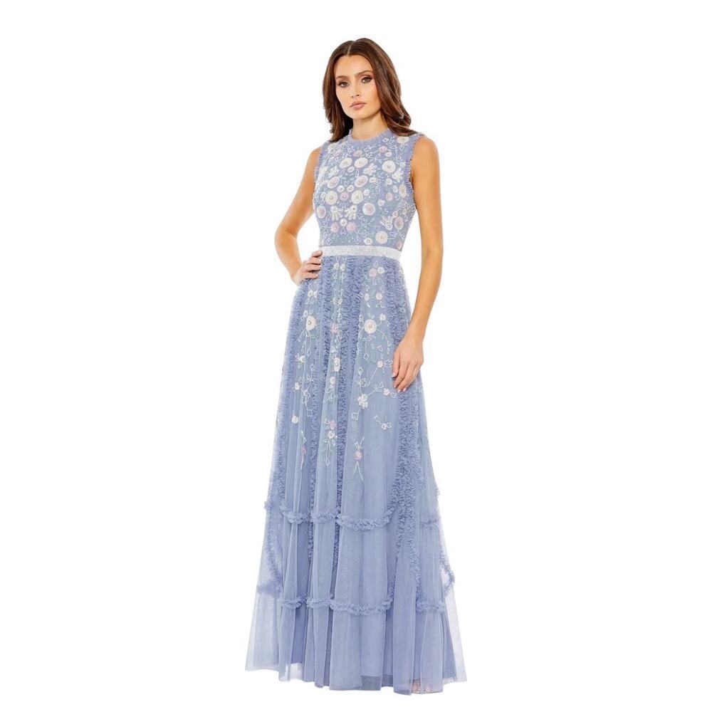Mac Duggal 9137 Slate Blue Embroidered Floral Tiered Ruffle Gown Size 14 $698